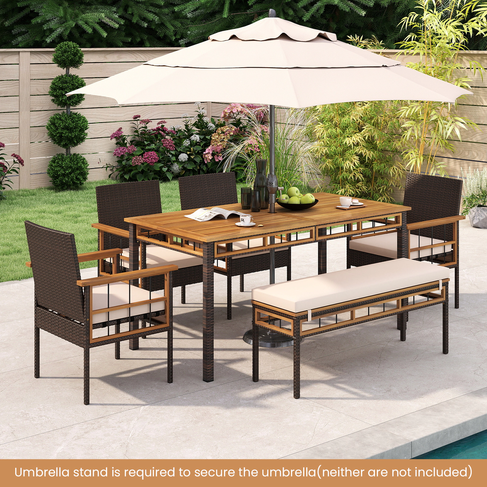 SUGIFT 63-in Outdoor Dining Table with Acacia Wood Slatted Tabletop 165-lb Capacity Natural + Black