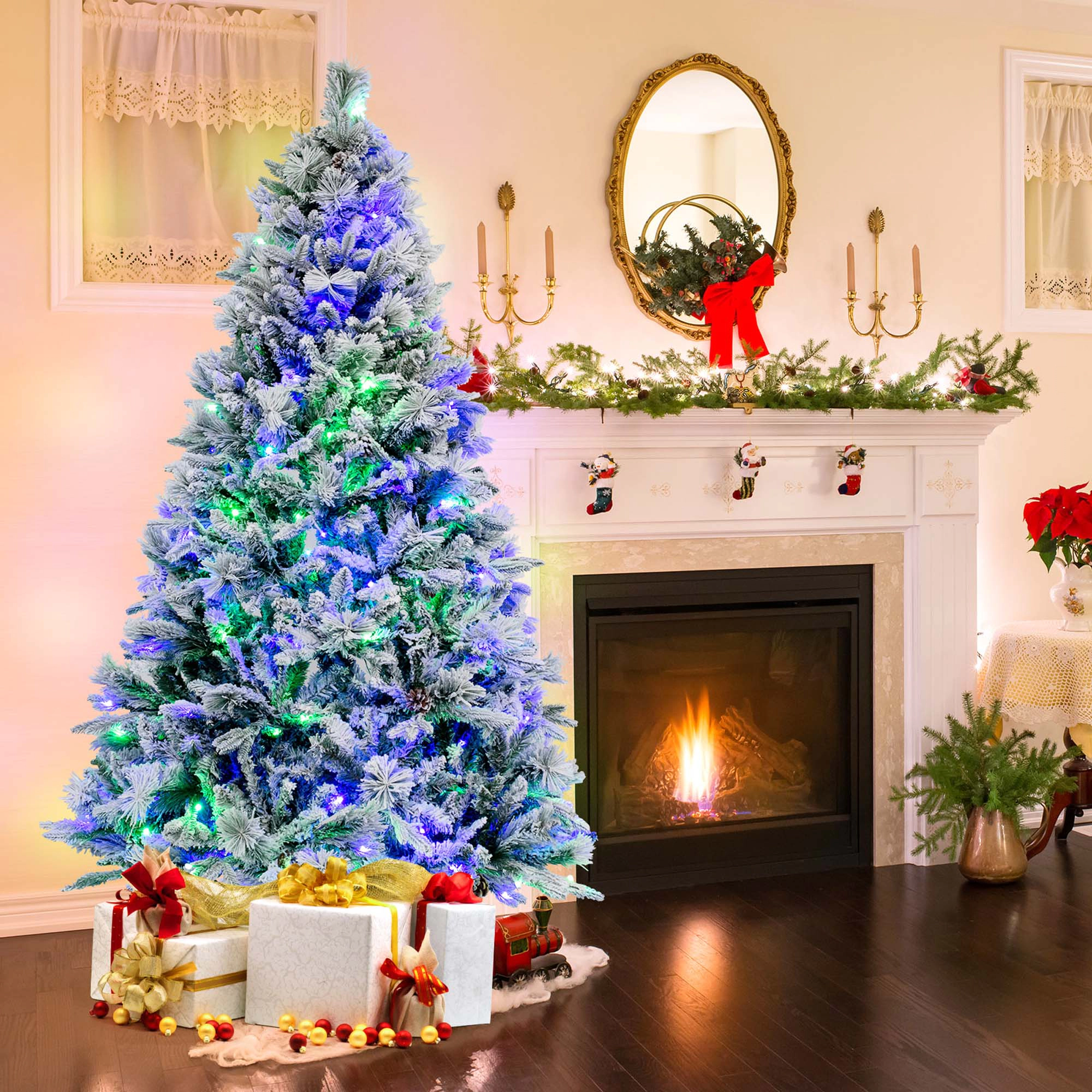 Costway 7 FT Pre-Lit Snow Flocked Christmas Tree Hinged Xmas Tree with 8 Modes 320 Lights
