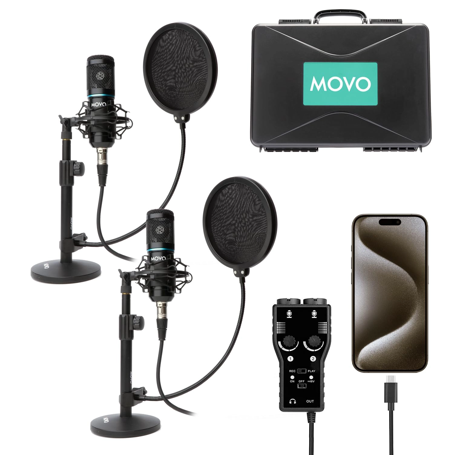 Movo iPhone 15/16 USB-C Podcast Equipment Bundle - 2 Pack Condenser Microphones, 2 Desktop Mic Stands, 2 Pop Filters