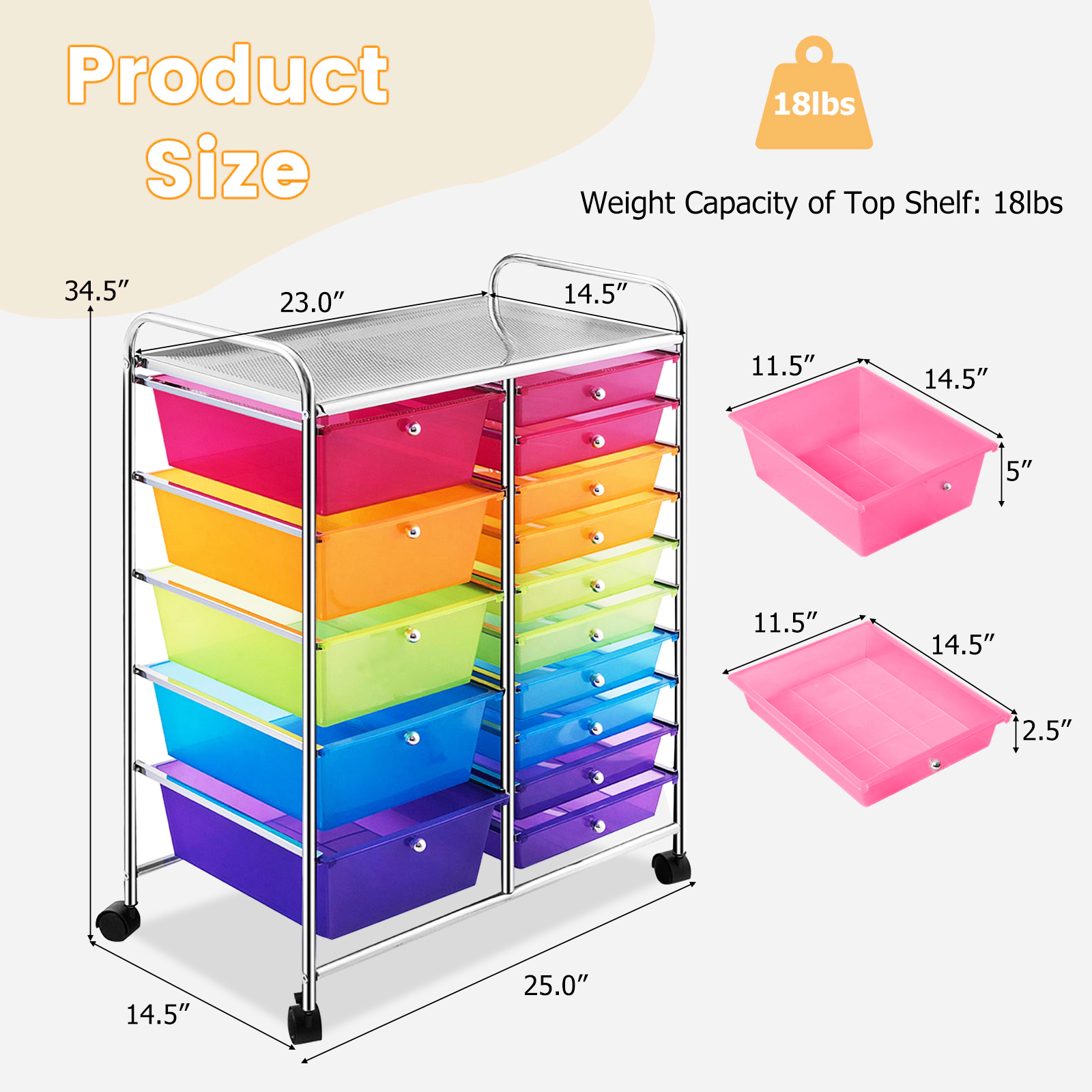 SUGIFT 25-in Wide 15-Drawer Rolling Storage Cart Utility Organizer with Locking Wheels and Removable Drawers