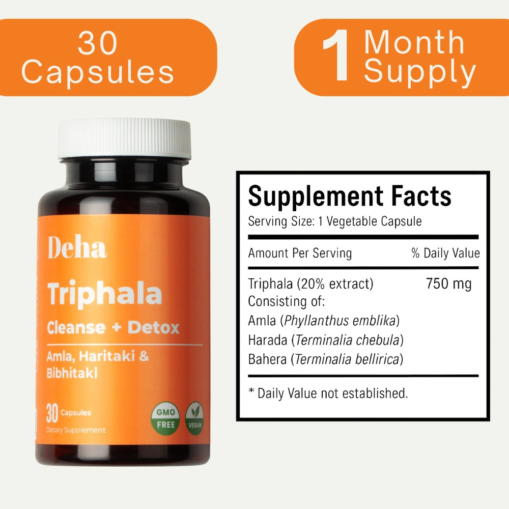 Deha Triphala Capsules for Digestive Support Gut Cleanse & Detox Vegan Non GMO
