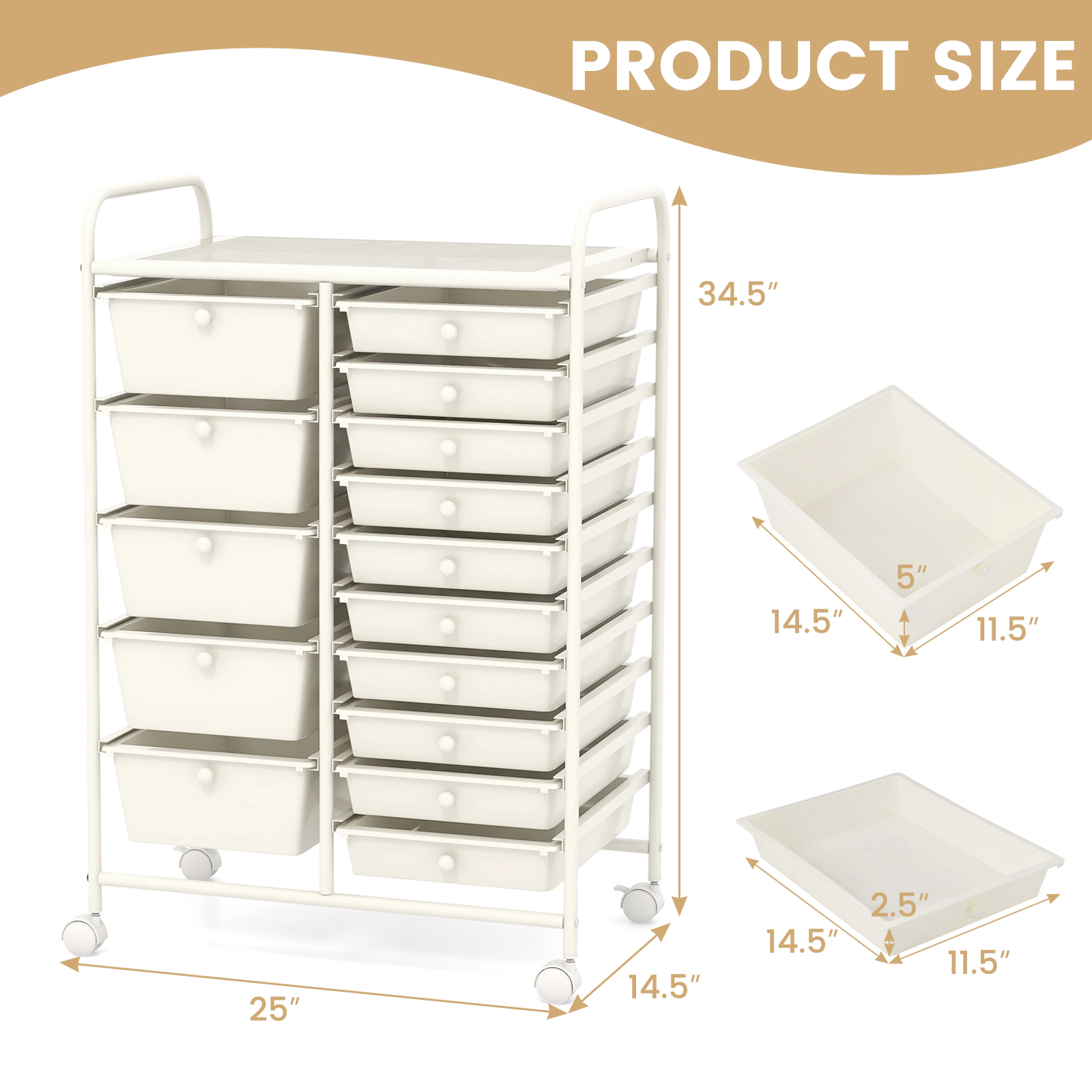 SUGIFT 15-Drawer Rolling File Storage Organizer Cart 22-lb Top Capacity 25-in Wide Utility Cabinet White/Silver