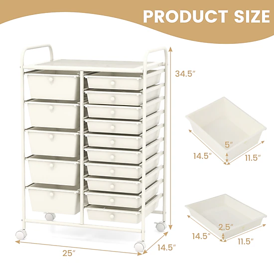 SUGIFT 15-Drawer Rolling File Storage Organizer Cart 22-lb Top Capacity 25-in Wide Utility Cabinet White/Silver