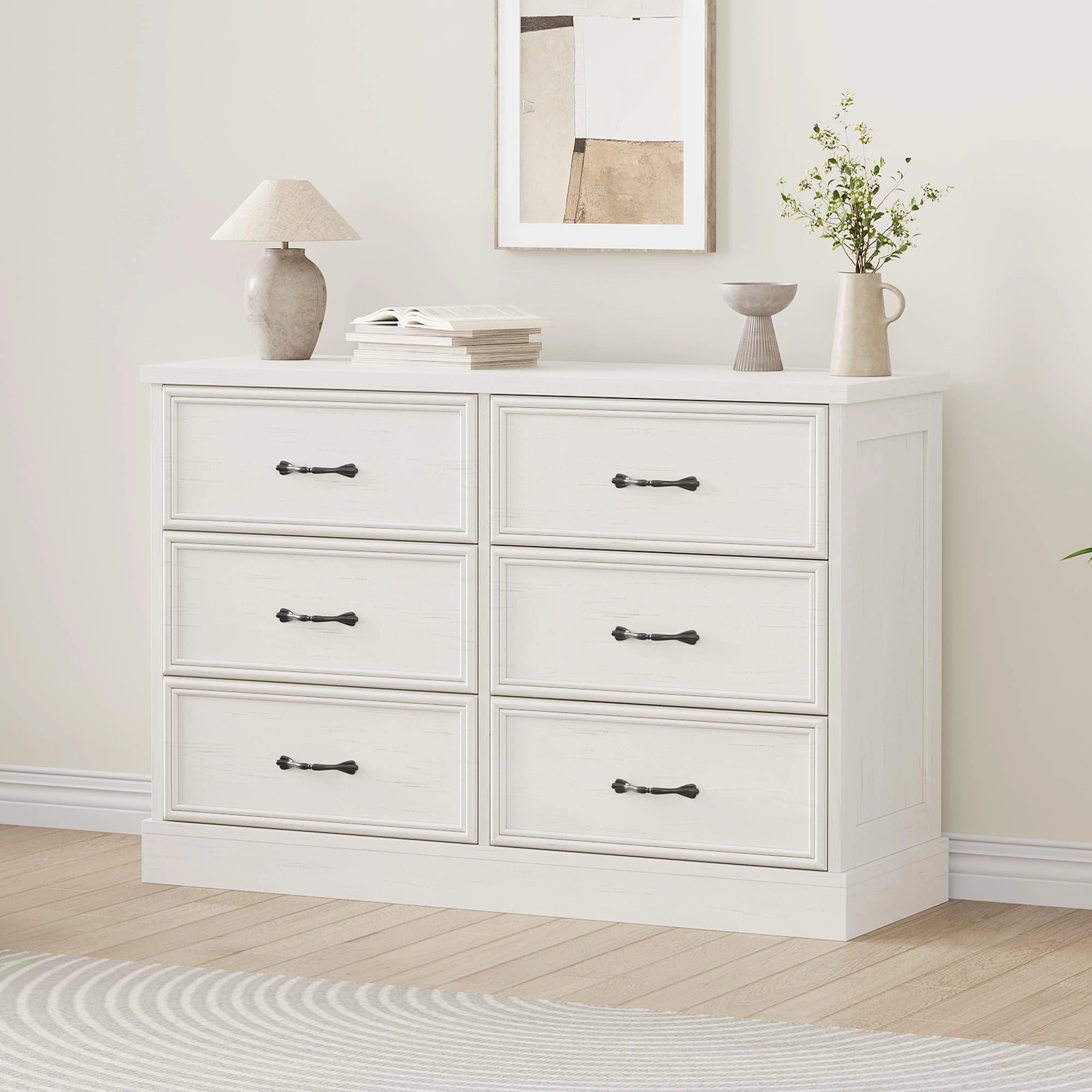 6 Drawer Wooden Dresser, 47" Wide Chest with Large Storage Drawers for Bedroom or Living Room