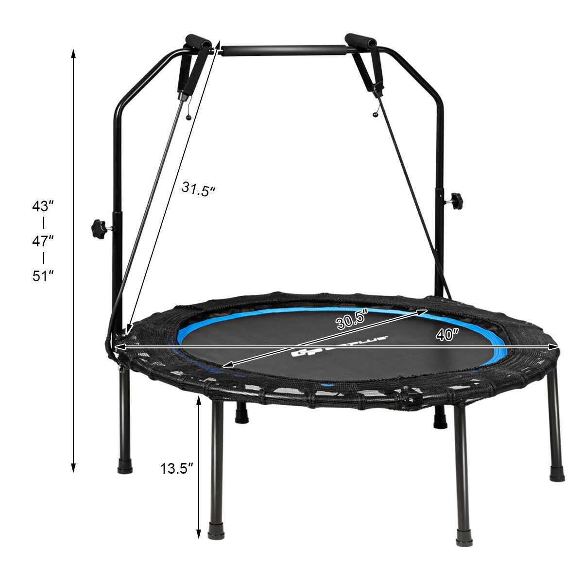 SUGIFT 40-in 330-lb Capacity Foldable Fitness Rebounder Trampoline with 3-Height Handrail and Resistance Bands