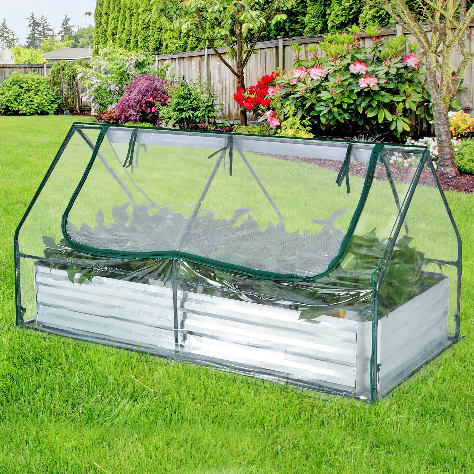 Hivvago 6 x 3 x 3 Feet Galvanized Raised Garden Bed with Greenhouse