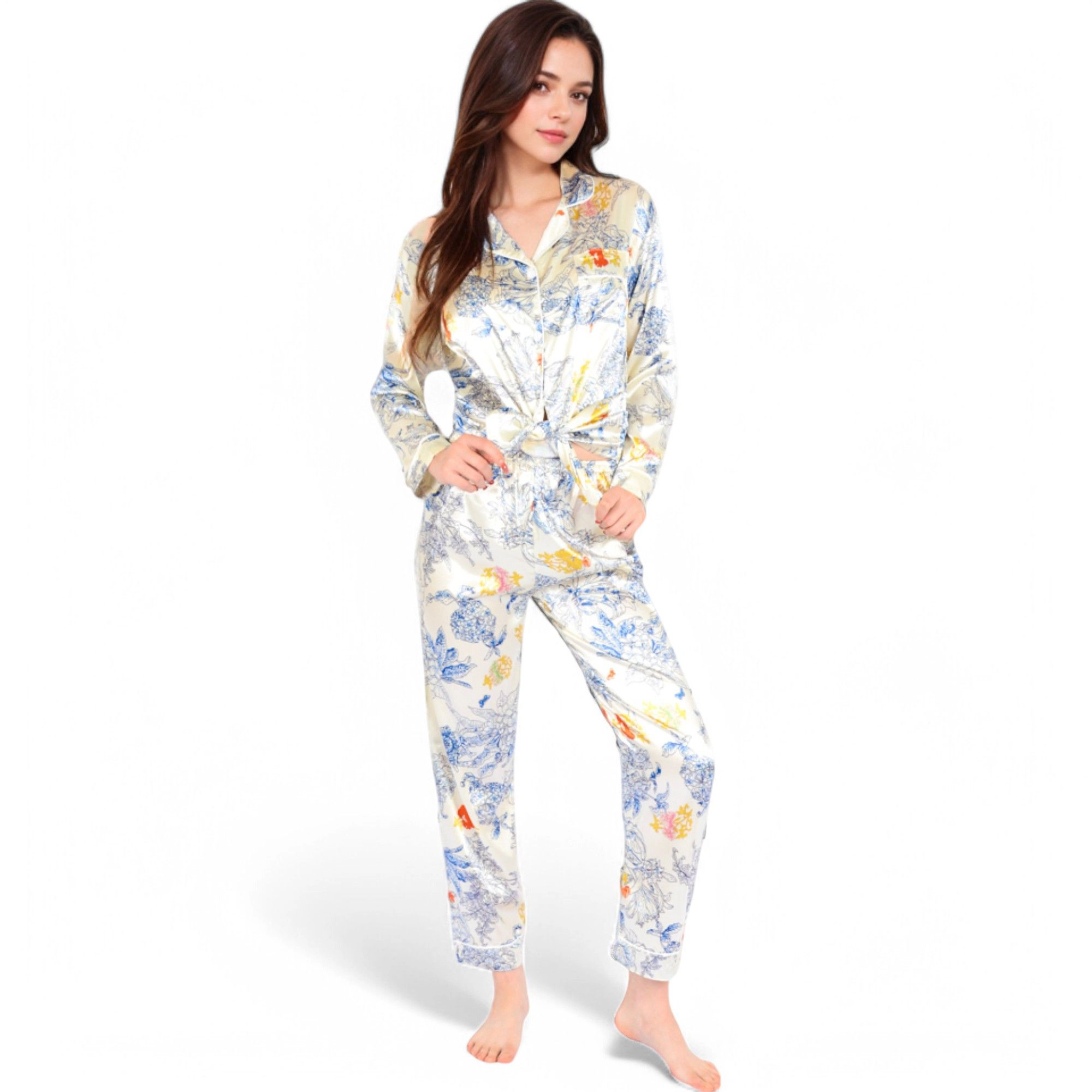 Anna-Kaci Women's Botanical Print Satin Pajama Set with Button Up Top and Long Pants