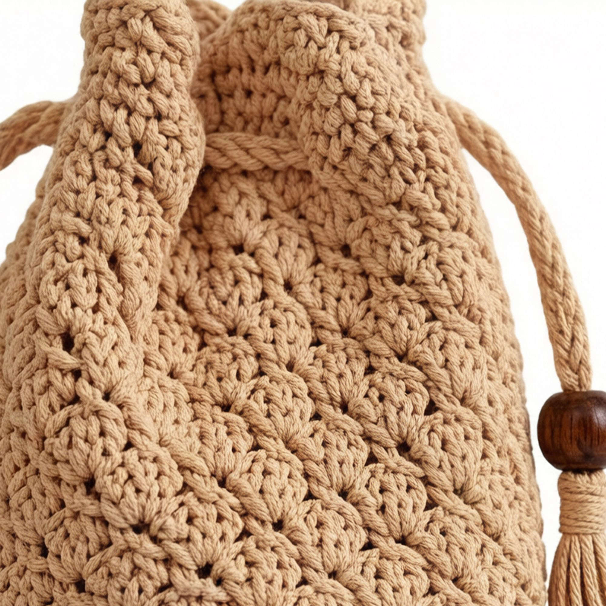 Alilang Women's Crochet Bucket Bag with Drawstring Closure Tassel Detail Long Strap Knit Crossbody Handbag