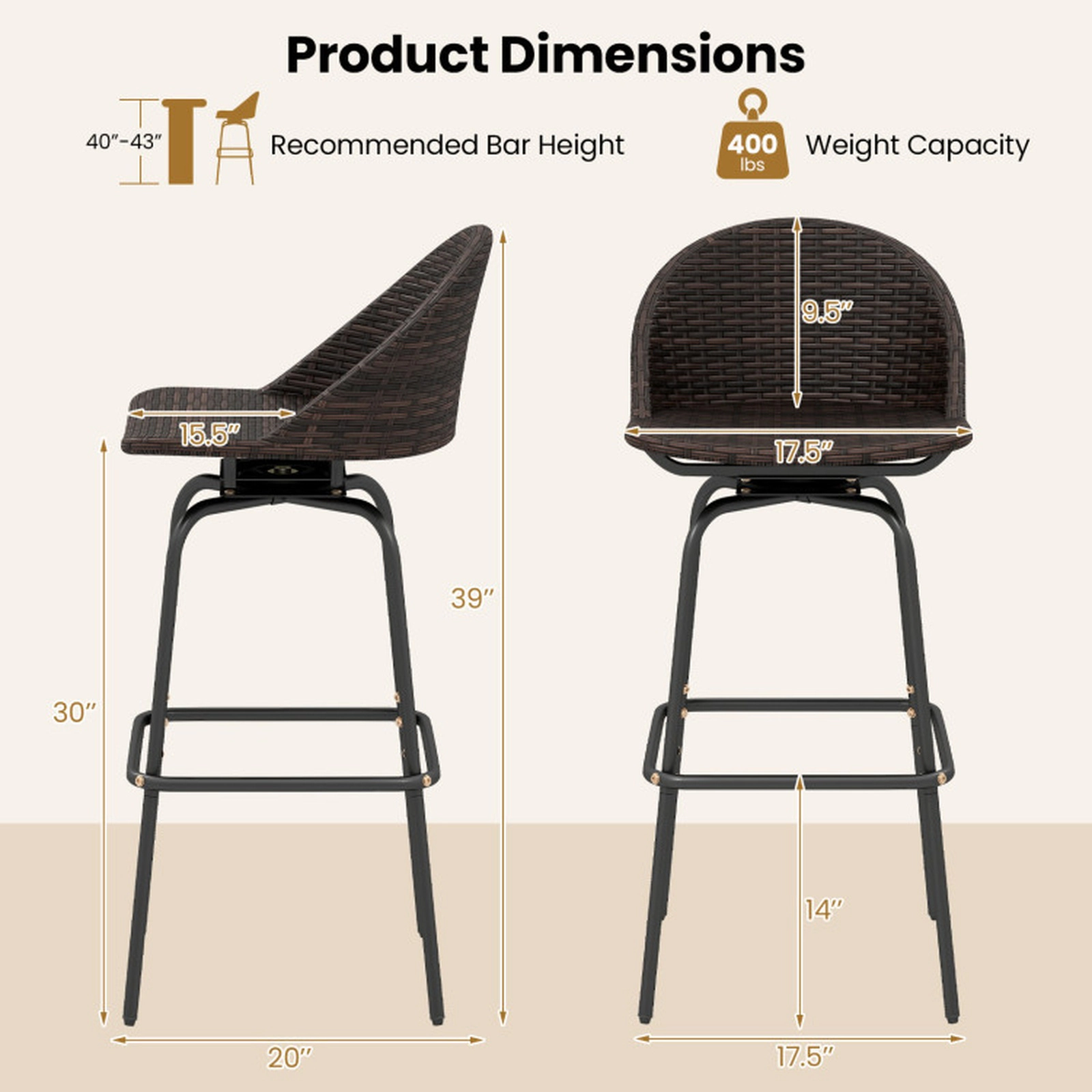 SUGIFT Brown Hand-Woven Rattan Seat and Footrest Set of 2 Patio Swivel Bar Stools