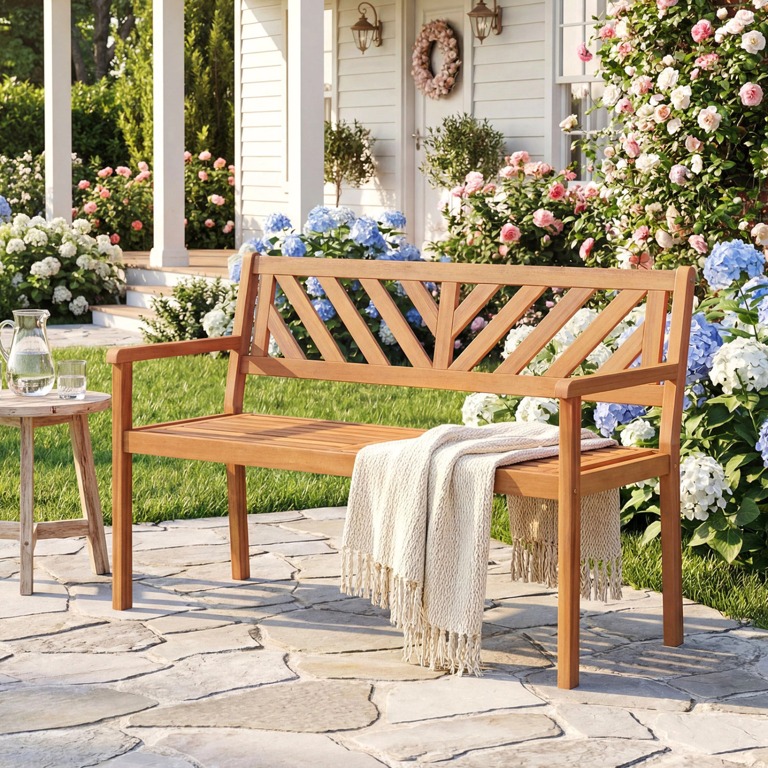 LJG 2-Person Patio Acacia Wood Garden Chair with Armrests and Backrest for Porch