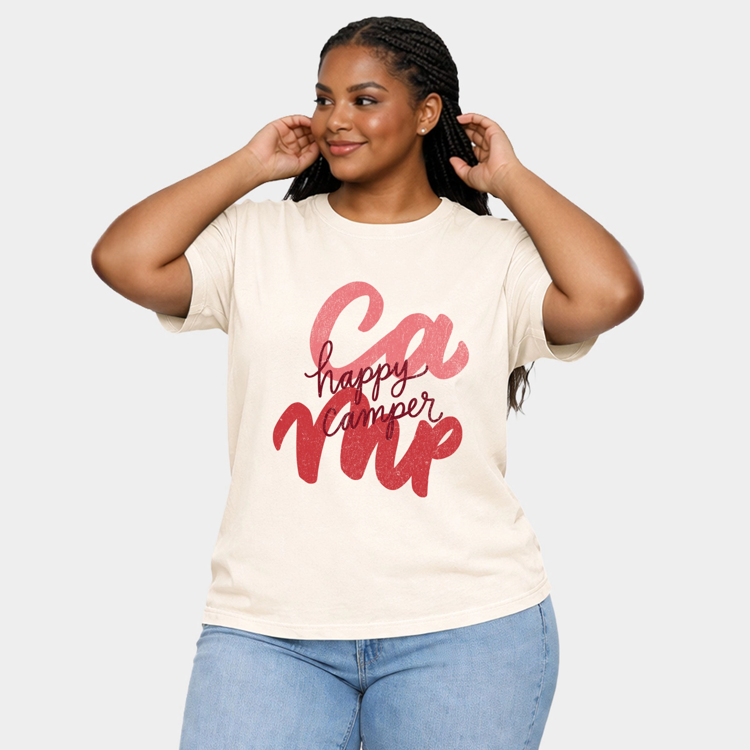 Simply Sage Market - Happy Camper Cursive - Women's Plus Sized Garment Dyed Graphic T-Shirt