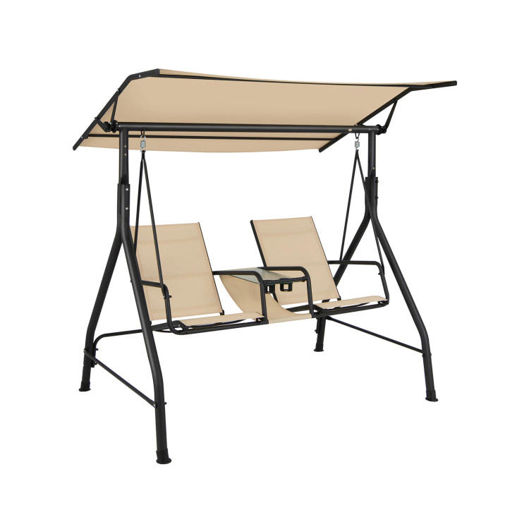 Hivvago 2-Seat Outdoor Cushioned Porch Swing With Adjustable Canopy And Tempered Glass Table