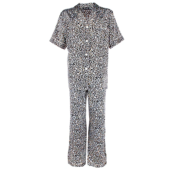 CTM Women's Plus Size Satin Leopard Print Pajama Set
