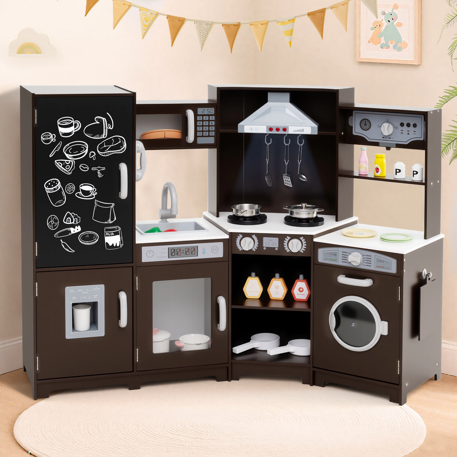 Corner Wooden Play Kitchen Lights and Sounds Ice Maker Chalkboard 52-in Kids Kitchen Playset Ages 3+ Espresso