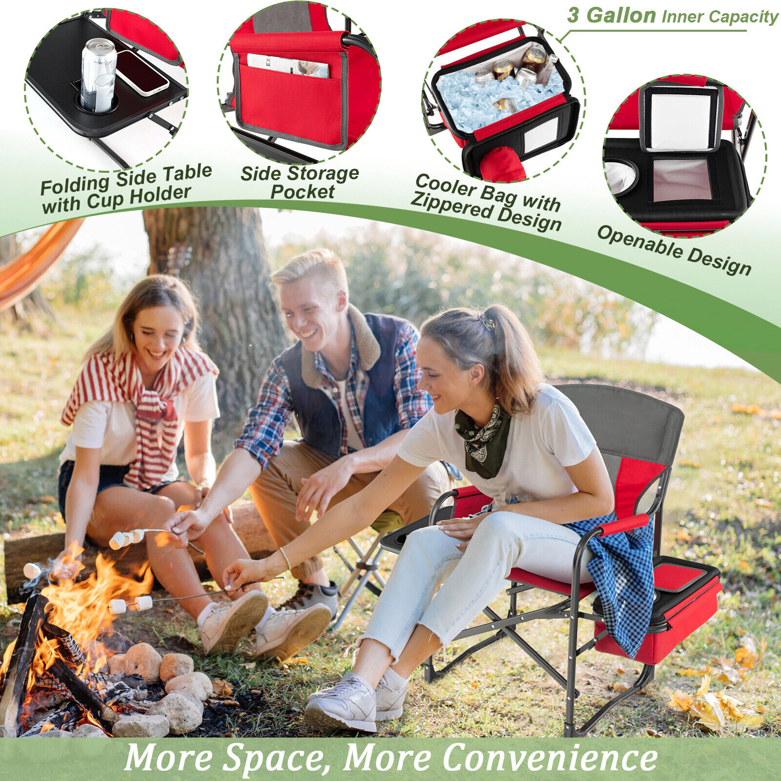 SUGIFT 400-lb Capacity Folding Camping Directors Chair with Side Table Cooler Bag and Padded Armrests