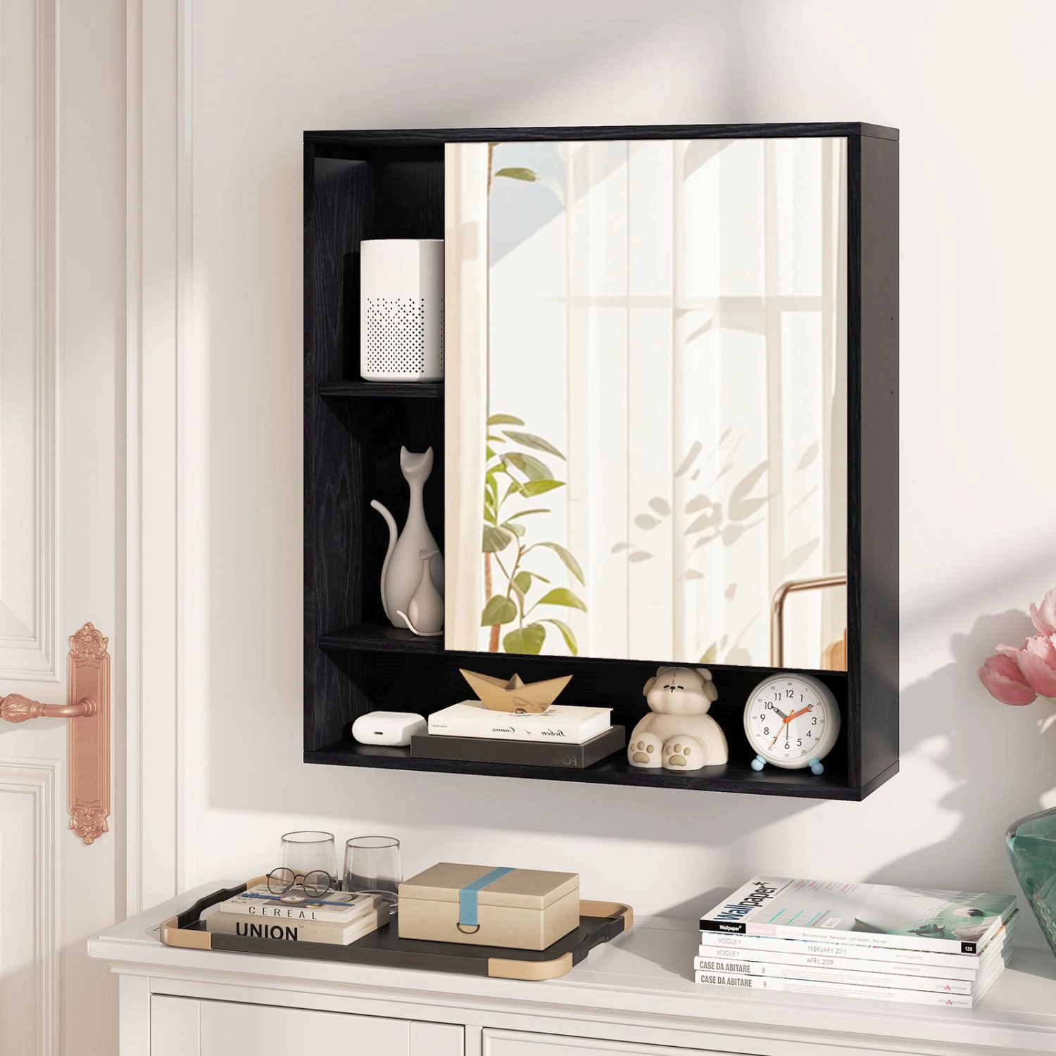 SlickBlue Mirrored Bathroom Wall Cabinet with Open and Enclosed Storage