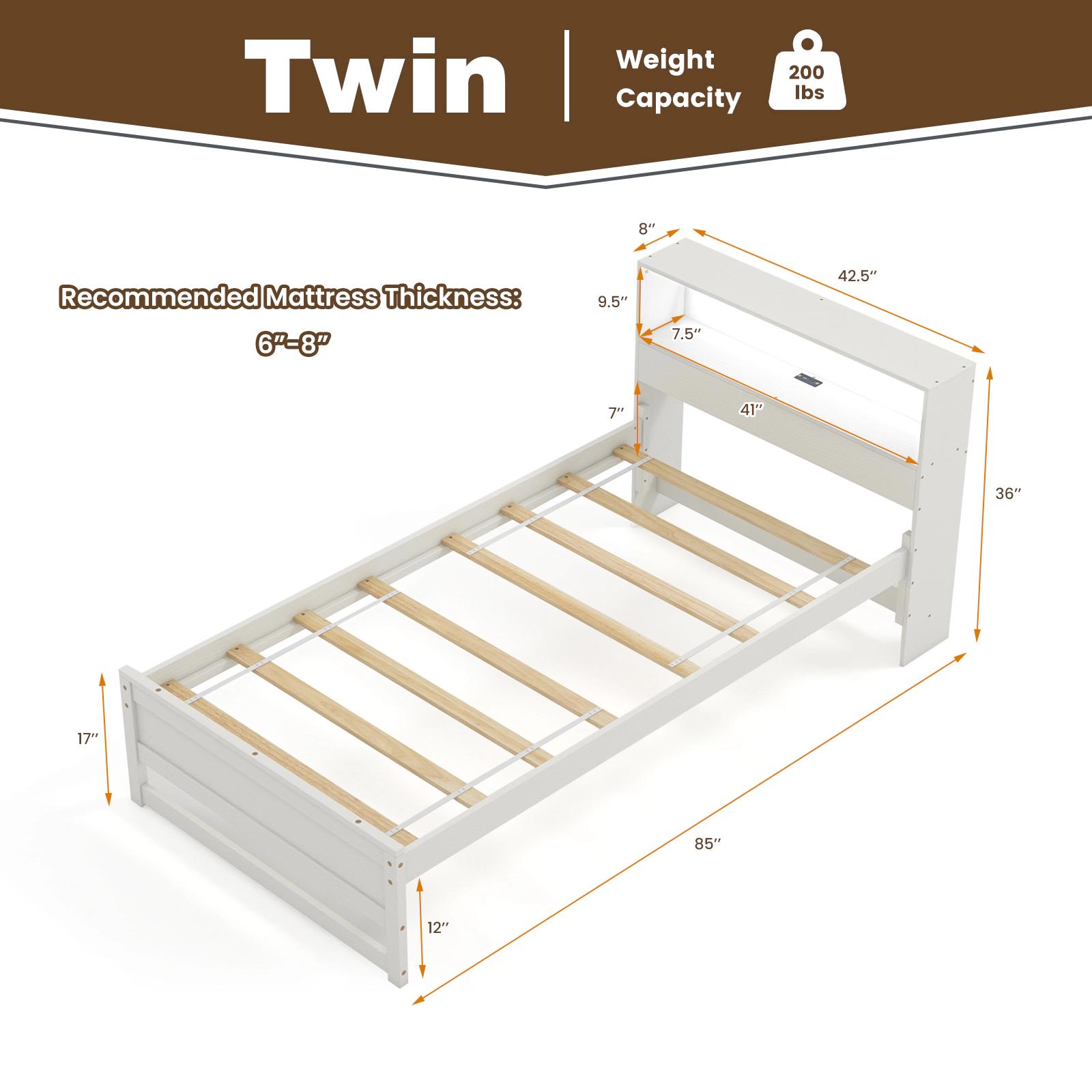 SUGIFT Twin Size Platform Toddler Bed Frame with Storage Headboard and Charging Station 200-lb Capacity White/Gray