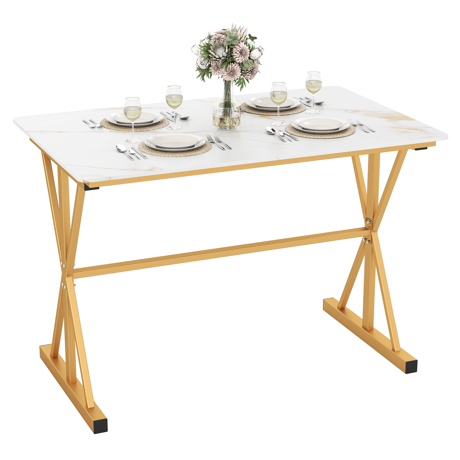LJG 44 Inches Sintered Stone Dining Table with Metal Frame and Faux Marble Tabletop