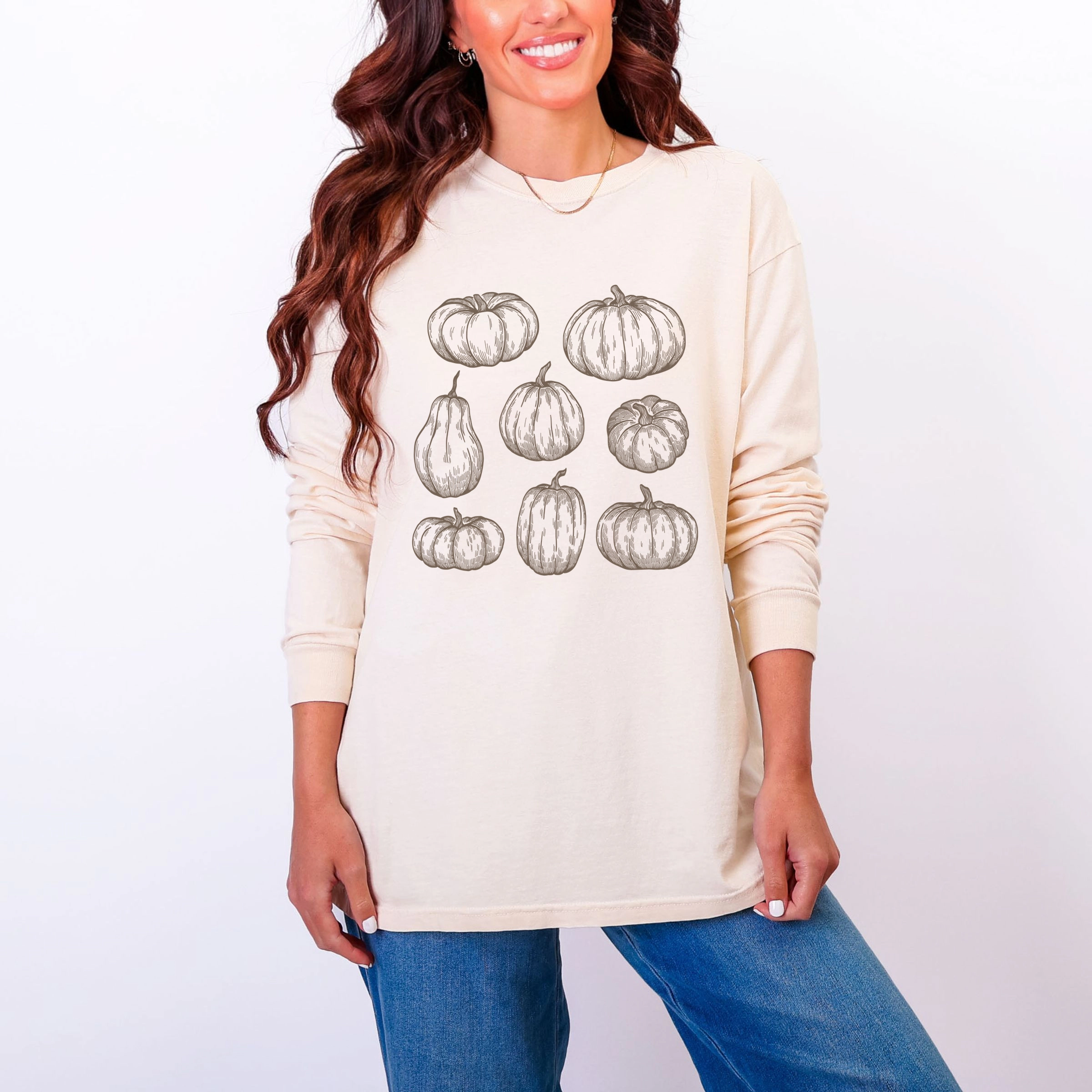 Simply Sage Market - Women's Garment Dyed Long Sleeve Graphic T-Shirt Sketched Pumpkin Collage