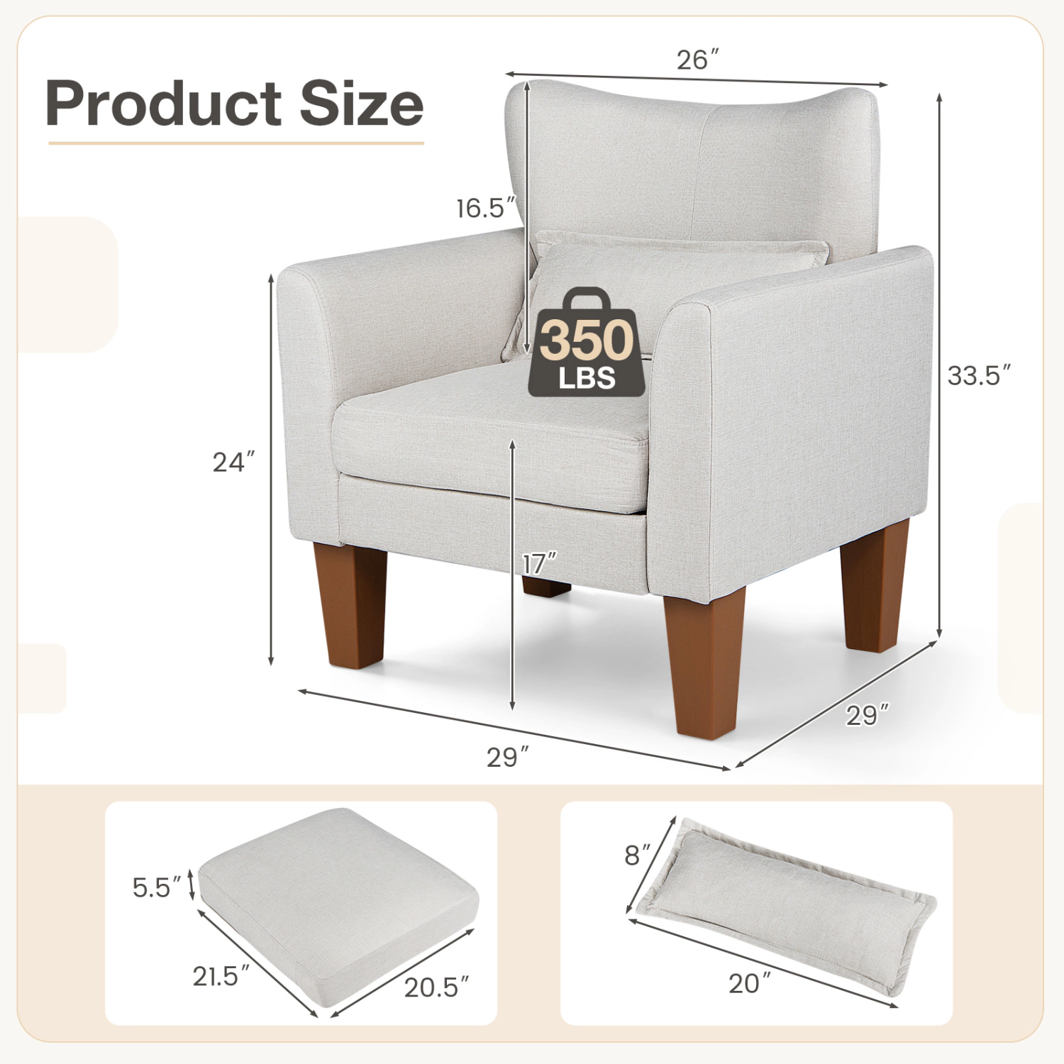LJG Modern Accent Chair with Removable Cushion & Pillow for Living Room
