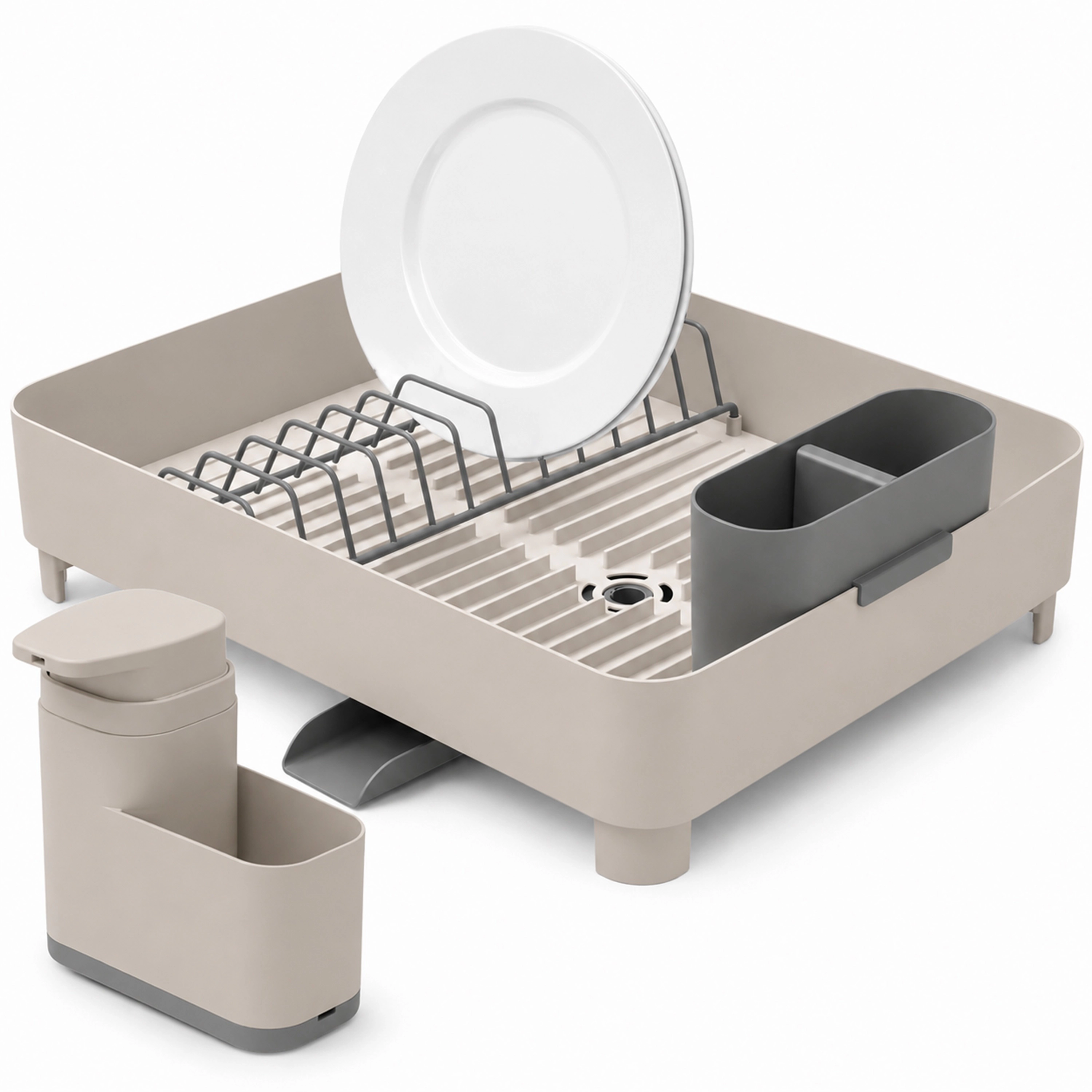 OU Dish Drying Rack w/ Drainage Spout & 19 oz Soap Dispenser Sponge Holder, Space-Saving Kitchen Sink Organizer