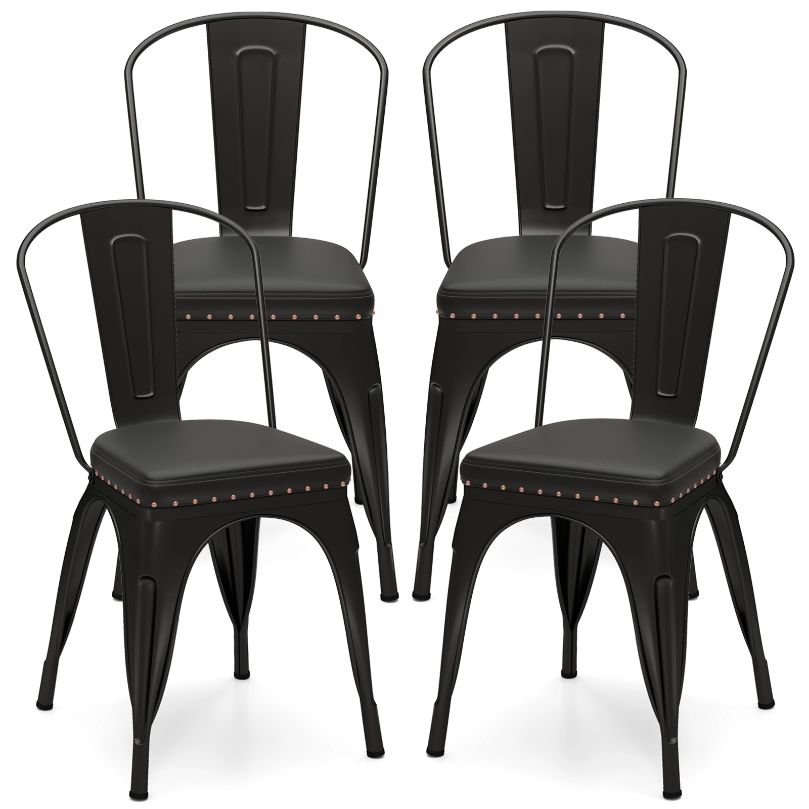 SUGIFT Stackable Metal Dining Chair Set of 4 with Removable Back and PU Leather Cushioned Seat 330-Lb Capacity Black