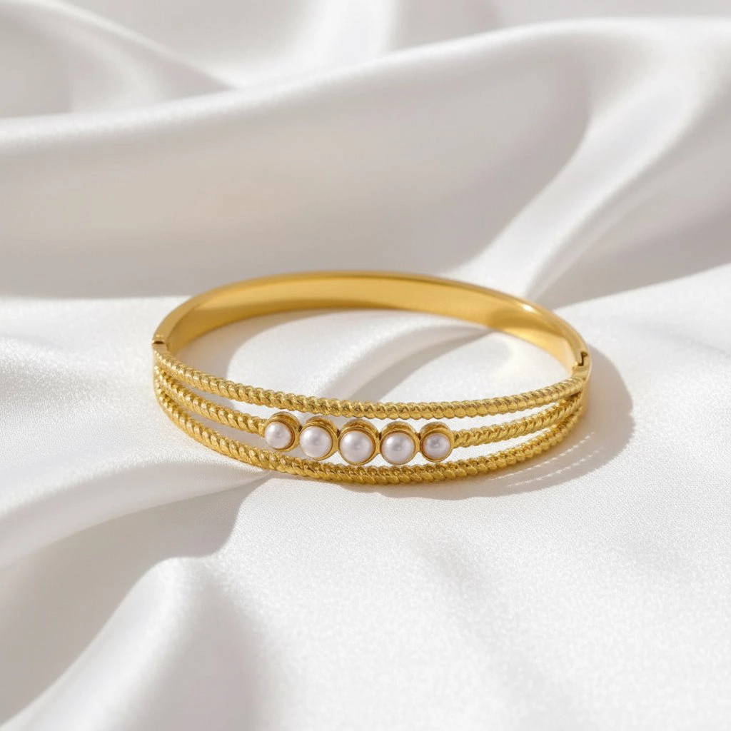DressAtR Women's Pearl Gold Plated Bangle Bracelet