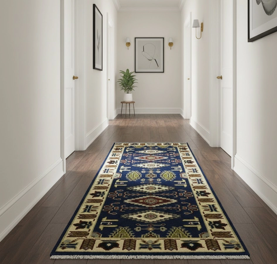 Magic Rugs Navy Blue Geometric 3X6 Kazak Oriental Rug