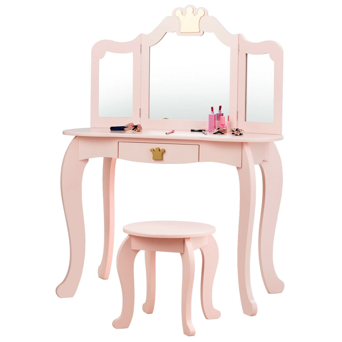 SUGIFT Kids Makeup Dressing Table Vanity with Tri-folding Mirror and Stool 33-lb Table 66-lb Stool Capacity Pink/White