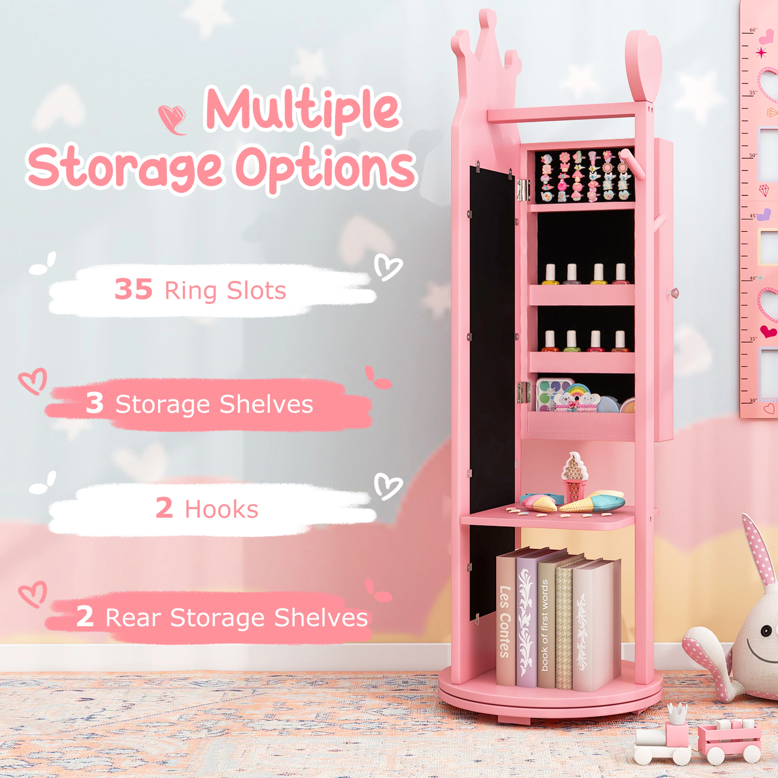 SUGIFT Princess Vanity Table and Stool with Jewelry Cabinet and Full-Length Mirror 110-Lb Capacity Ages 3+ Pink/White