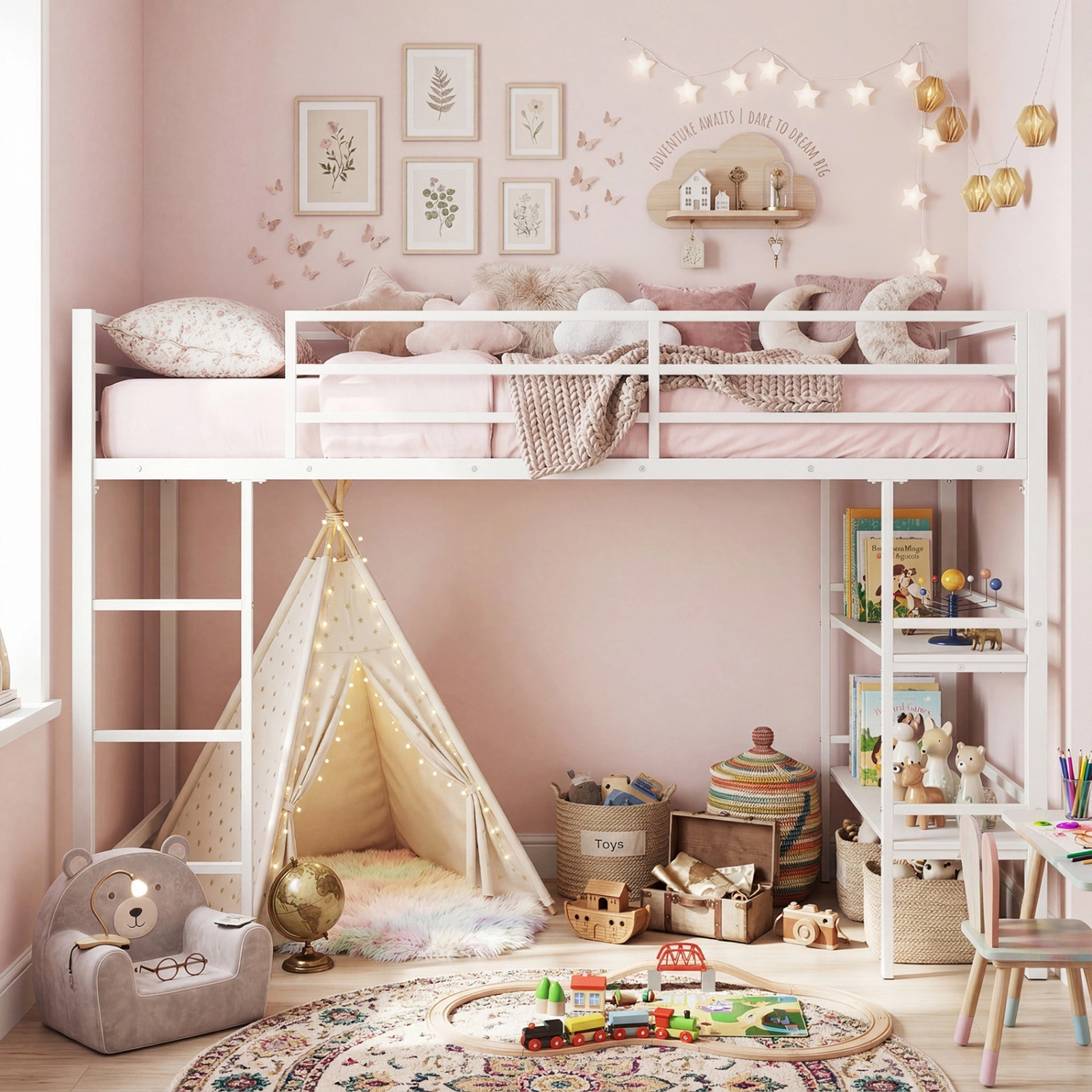 SUGIFT Twin Low Loft Bed, Metal Frame, Ladder, Storage Shelves, White