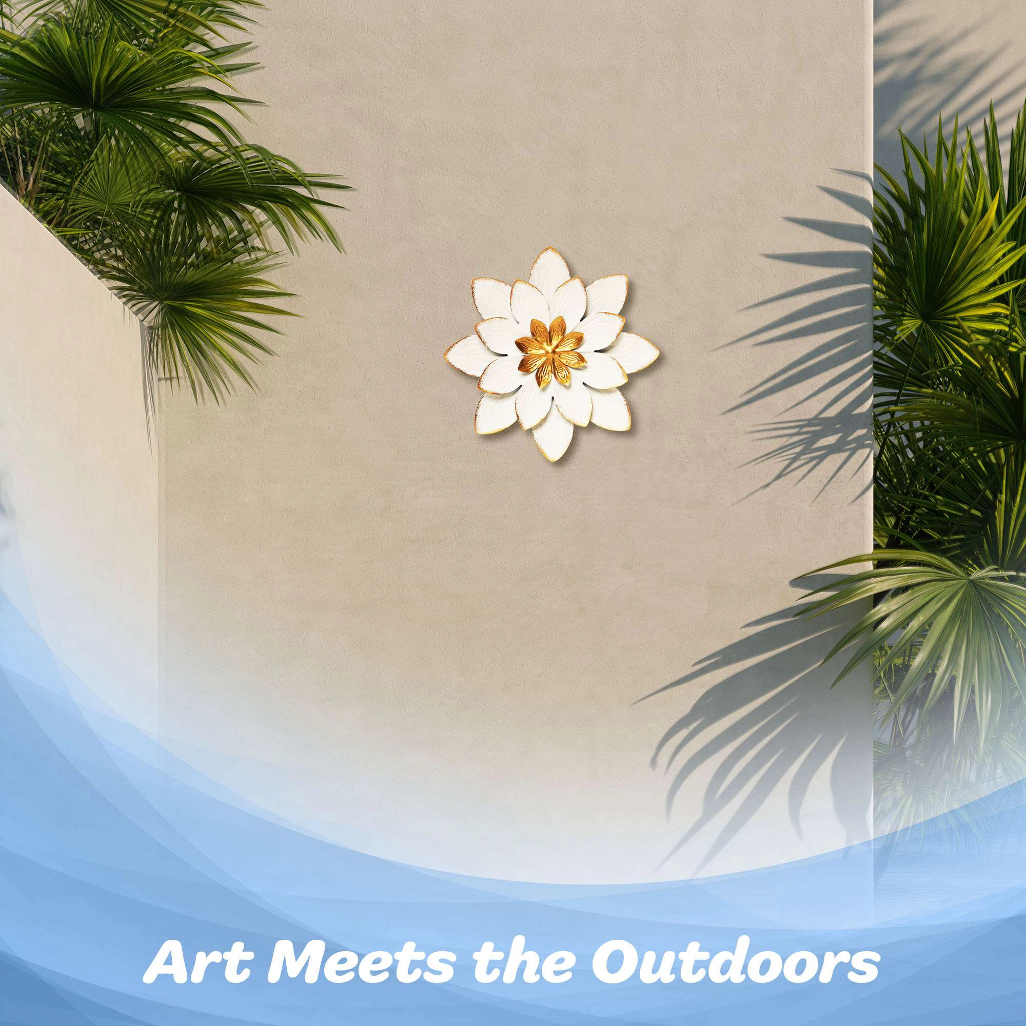 G128 9 in White and Gold Flower Metal Wall Art - Rustic Floral Wall Hanging for Indoor and Covered Outdoor Spaces