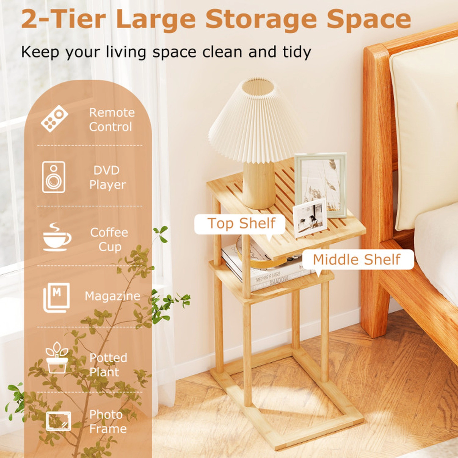 SUGIFT Middle Storage Shelf Set of 2 Natural Bamboo C-Shaped Side Tables