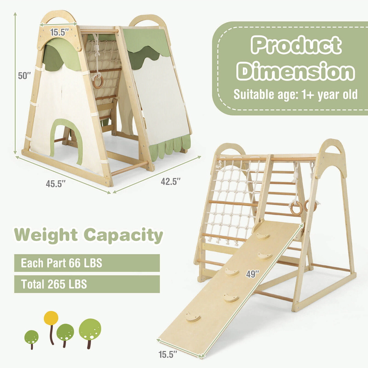 SUGIFT Natural Slide Climbing Net and Monkey Bars 6-in-1 Wooden Kids Jungle Gym Playset