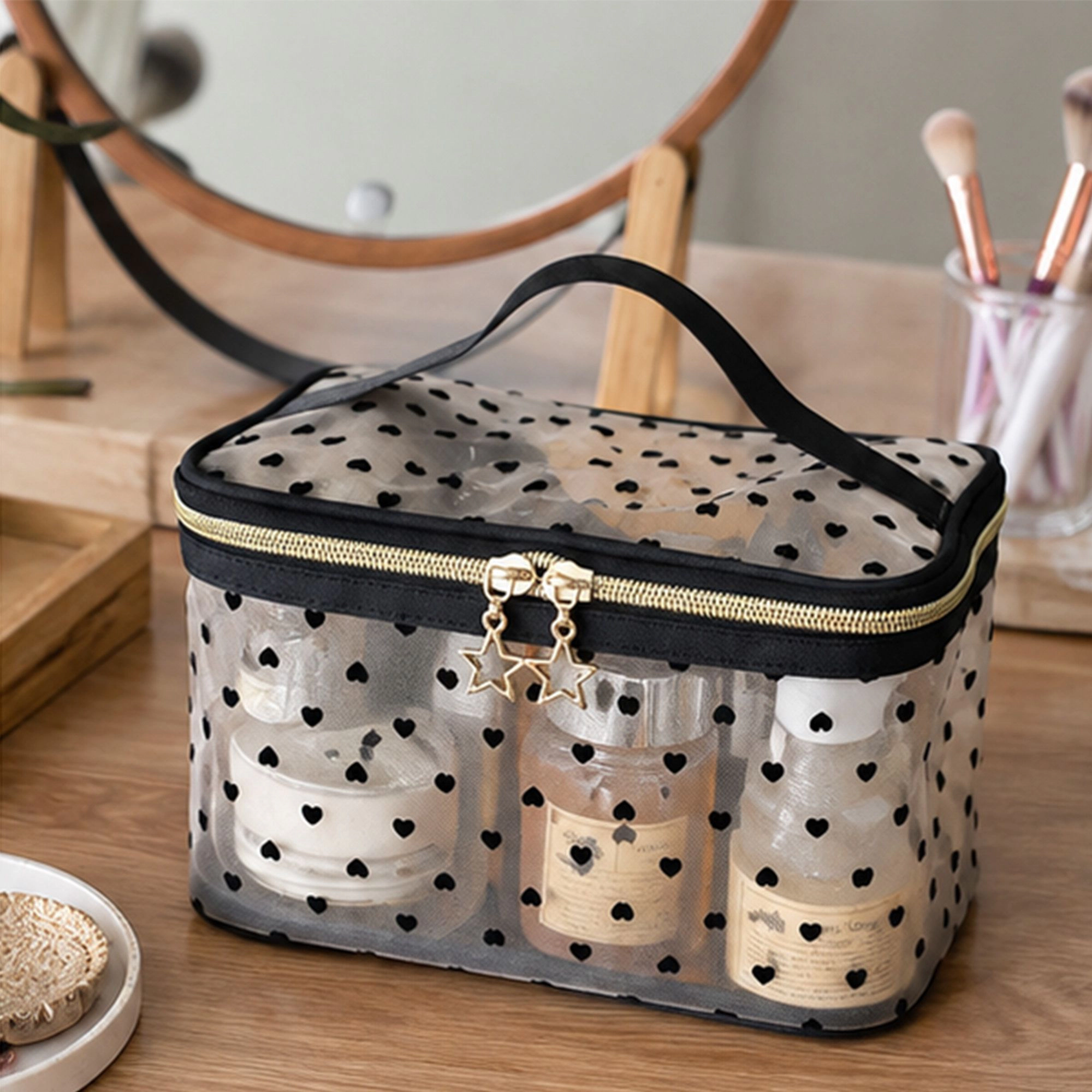Alilang Unisex Heart Print Mesh Makeup Bag Large Travel Cosmetic Toiletry Organizer with Handle