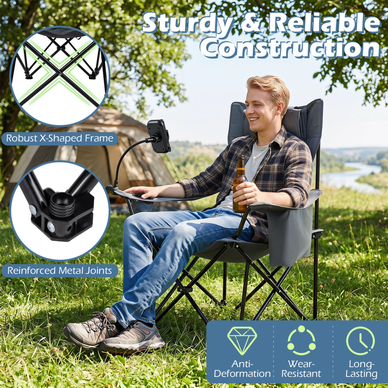 SUGIFT 2-in-1 Reclining Camping Chair with 3-Level Adjustable Backrest 330-lb Capacity Green Black Gray
