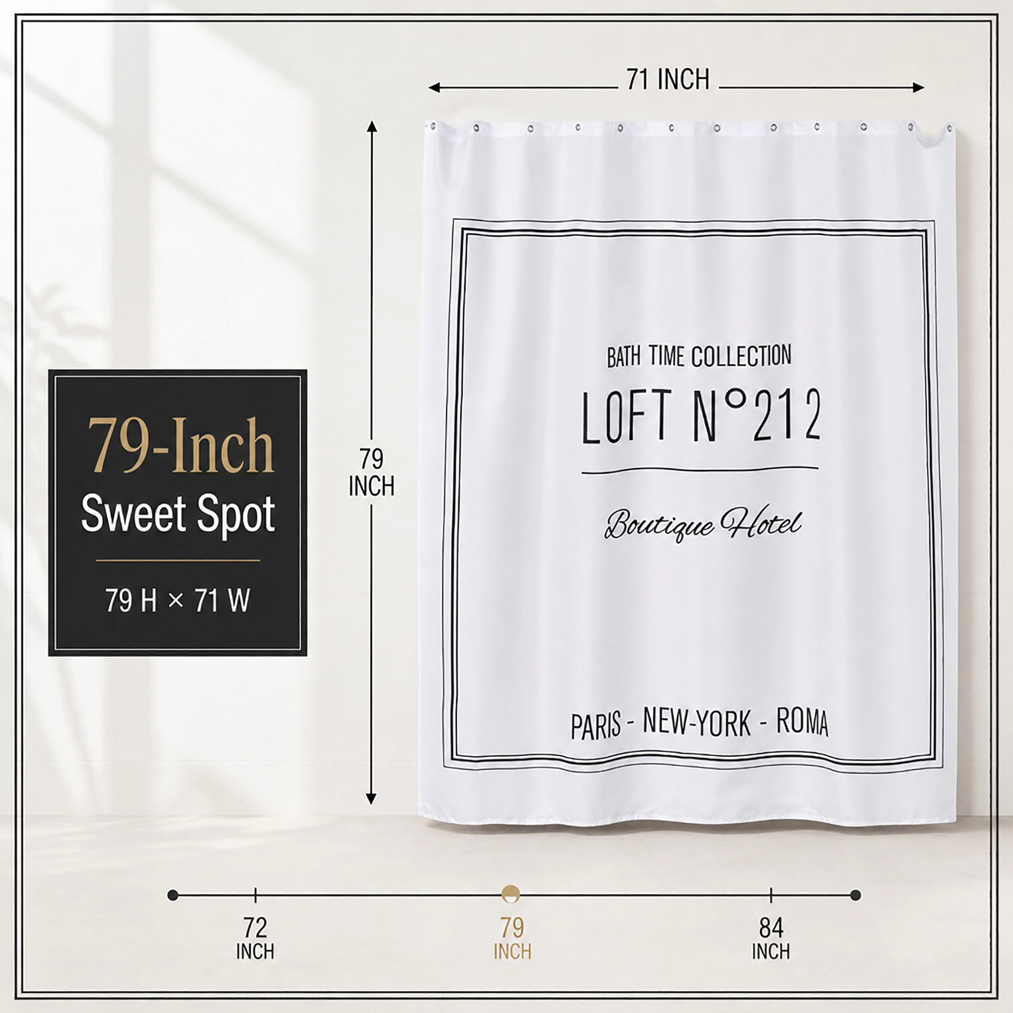 Evideco French Home Goods Black Script Print Woven Polyester Shower Curtain Panel