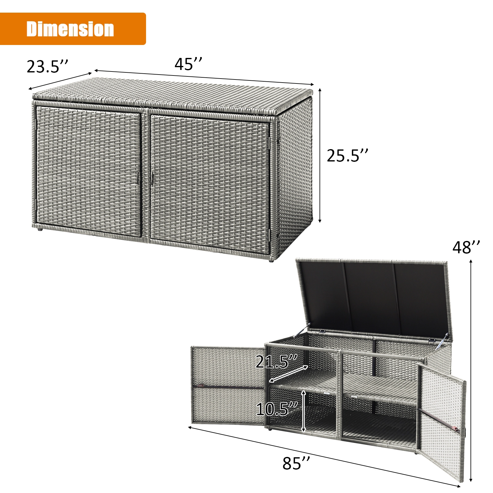 SUGIFT 88-Gallon Weather-Resistant PE Rattan 2-Shelf Garden Storage Box 45-in x 23.5-in x 25.5-in 110-lb Shelf Gray