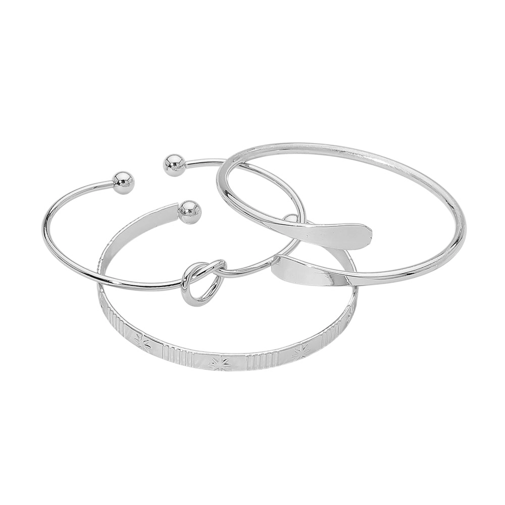 FASHNZFAB 3PCS - Silver Dipped Minimalist Knot Accent Bangle Cuff Multi Layered Bracelets - Rhodium
