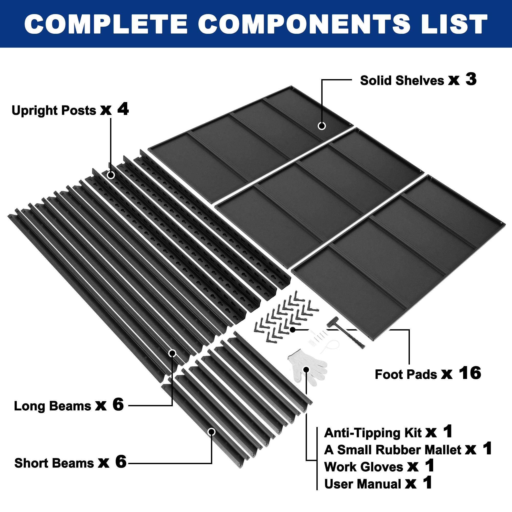 Flynama 3-Shelf Storage Shelving, Heavy Duty Steel, Adjustable, Black (39.4"W x 31.5"H x 19.7"D), Pantry