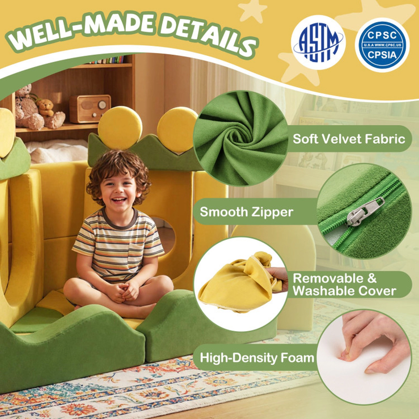 SUGIFT Removable Washable Velvet Covers 19-Piece Modular Kids Play Couch