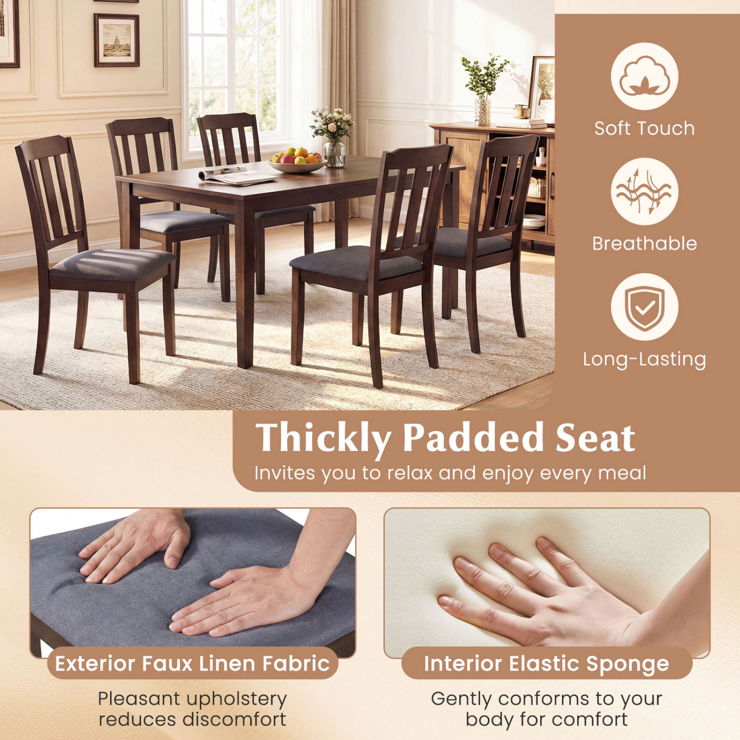 LJG Set of 2 Rubber Wood Dining Room Chairs with Comfortable Backrest
