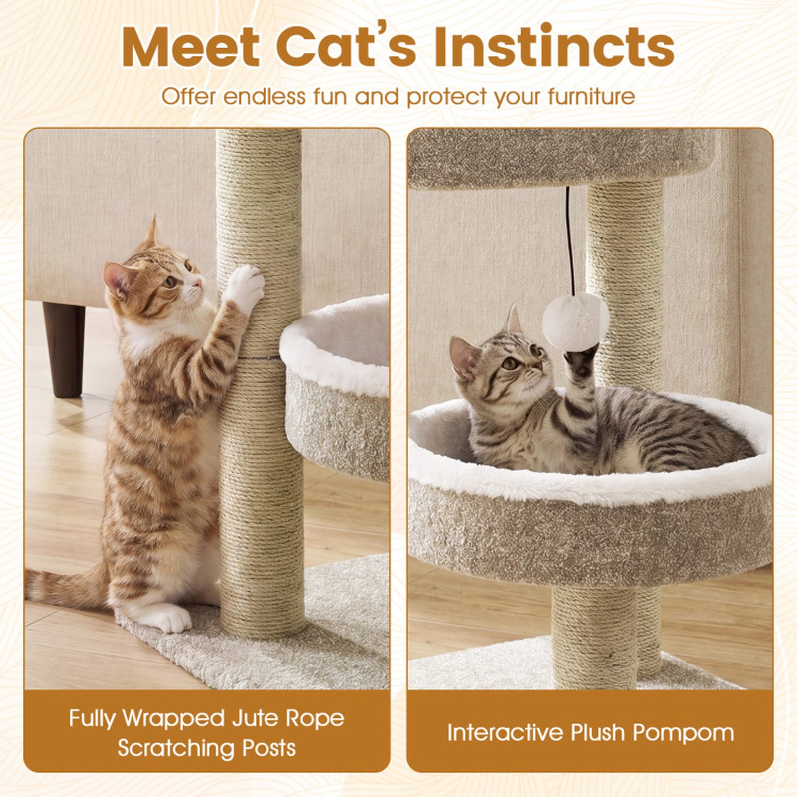 SUGIFT 24-in Cat Tree Tower with 2 Plush Perches Scratching Posts and Dangling Ball 33-lb Capacity White+Beige