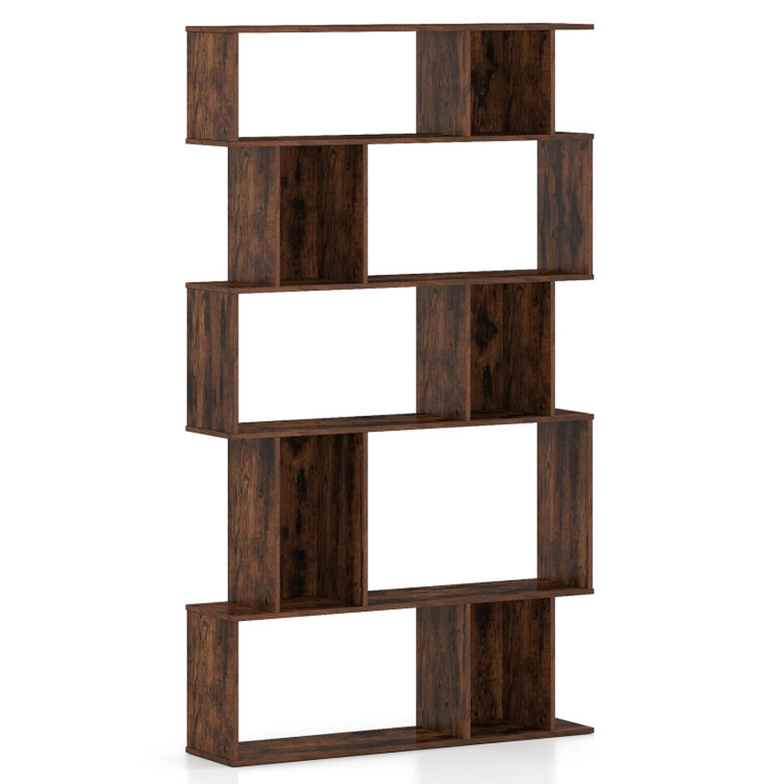 SUGIFT Set of 2 5-Tier Geometric S-Shaped Closed-Back Cubes Bookshelves 35.5-in x 8.5-in x 62-in 200-lb Capacity Brown