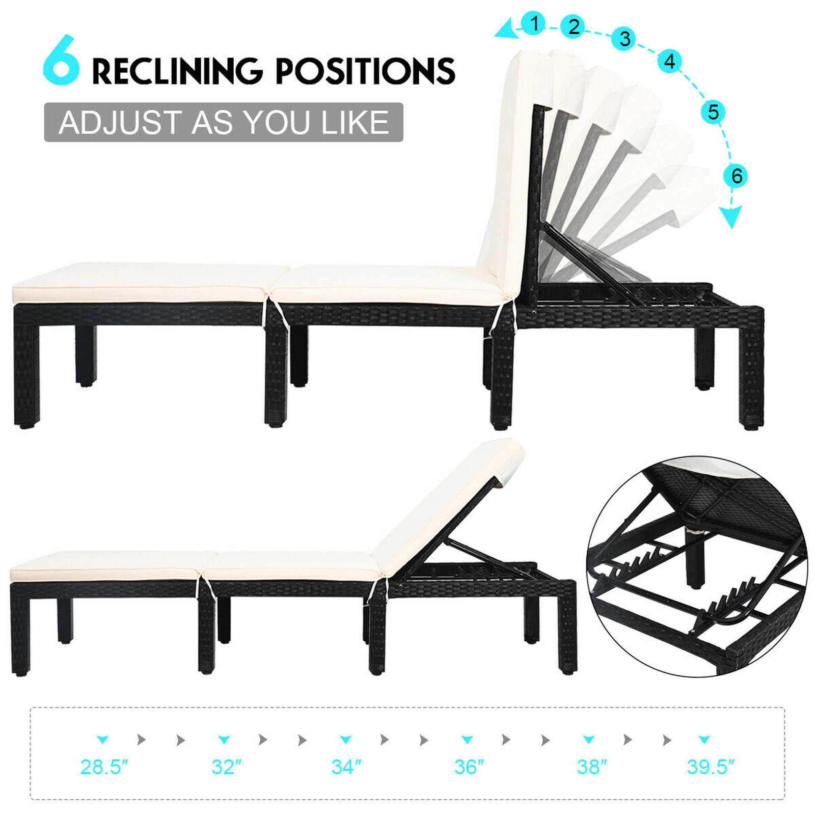 SUGIFT White Cushioned Height Adjustable Backrest 355-lb PE Wicker Patio Rattan Chaise Lounge