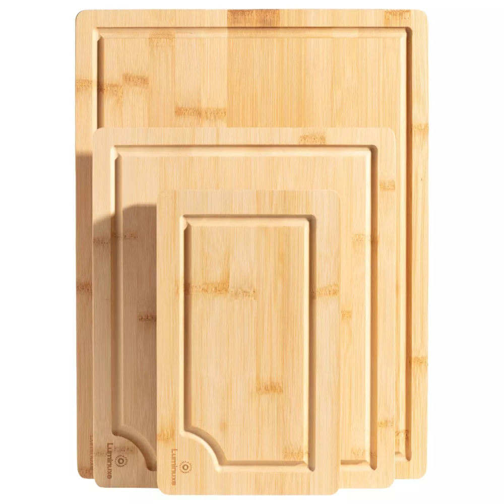 Luminuxe Bamboo Cutting Board Set of 3, Heavy‑Duty Nonslip Wood Boards with Juice Groove for Kitchen Prep
