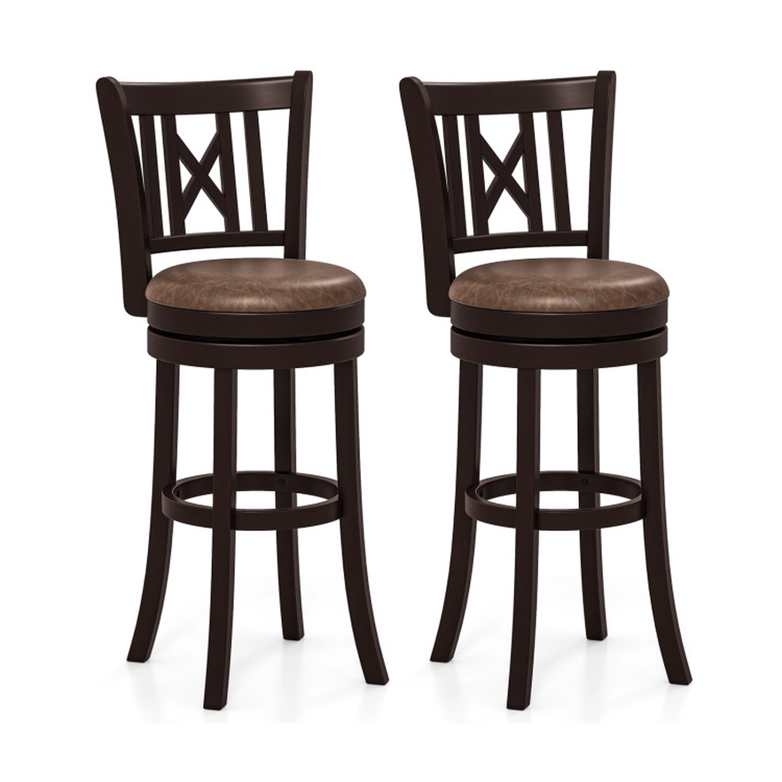 SUGIFT Set of 2 Swivel Bar Stools with Footrest and Hollowed Backrest 275-lb Capacity 30-in Seat Height Coffee & Brown