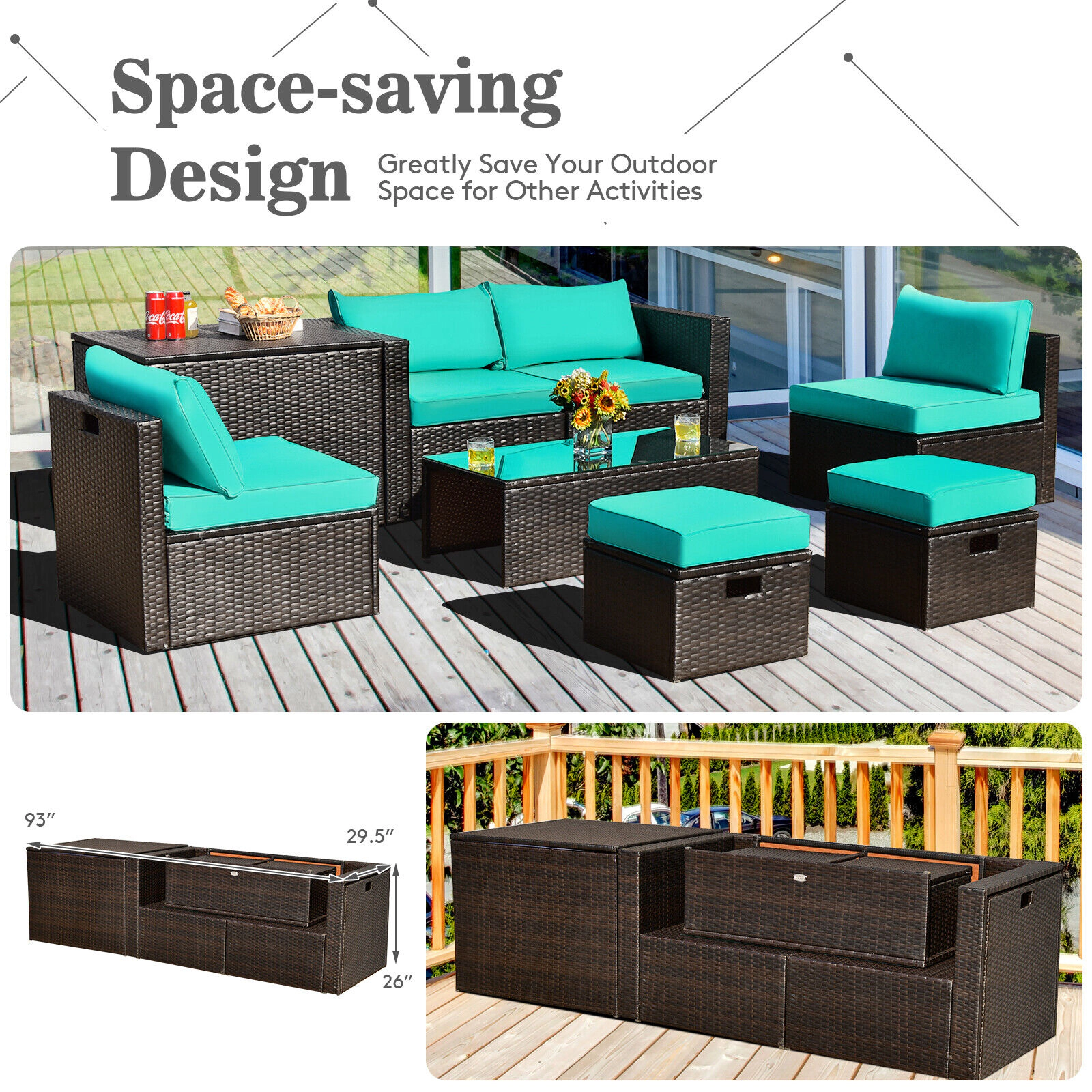 SUGIFT 8-Piece Turquoise Rattan Patio Lounge Set with Storage Box and Waterproof Cover