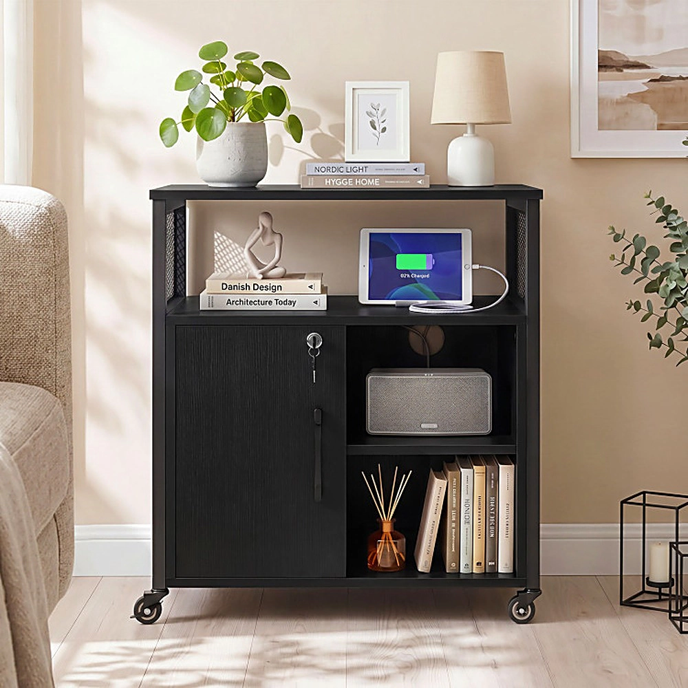 SUGIFT File Cabinet on Wheels Black with Charging Station and Cable Management Hole