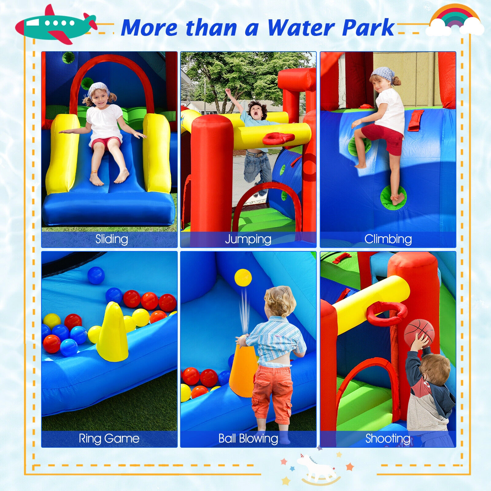 SUGIFT 9-in-1 Inflatable Kids Water Slide Bounce House with Ball Pit and Ring Game No Blower